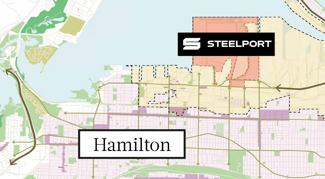 Contextual map showing the location of the Steelport site within Hamilton